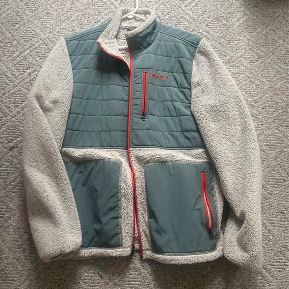 Marmot Blue and Cream Fleece Jacket with Red Accents